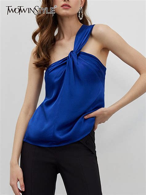 Twotwinstyle Sexy Solid Vest For Women Fold Pleated One Off Shoulder Sleeveless Short Tank Tops