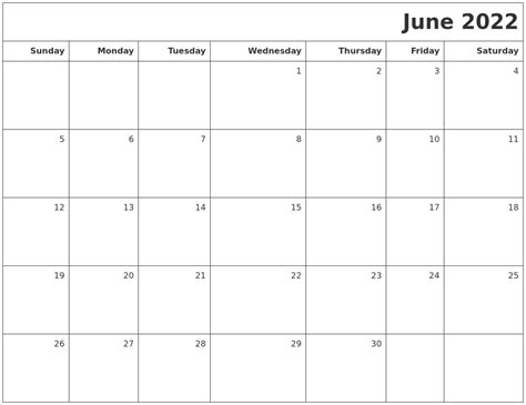 June 2022 Printable Blank Calendar