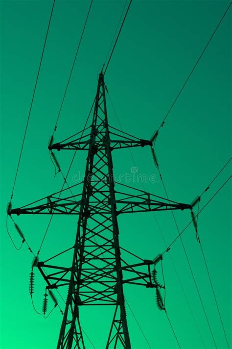 High Voltage Electric Tower Silhouette On Bright Green Background Stock