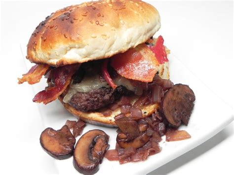 This burger truffle oil mushroom onion grilled burger looks so delicious. Gourmet Bacon, Onion, and Mushroom Burgers | Recipe ...