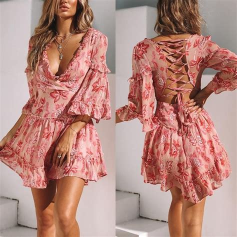 Nlw Pink Boho Print Lace Up Short Summer Sleeve Ruffle V Neck Cute Dress Chic Red Vestido Dress