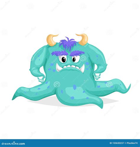 Cute Cartoon Blue Monster Scary Character With Tentacles Octopus