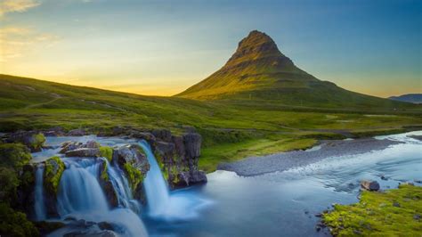 Waterfall And Landscape Kirkjufell Mountain Snæfellsnes Peninsula