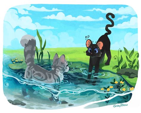 Two Cats Are In The Water And One Is Looking At Another Cat With Its