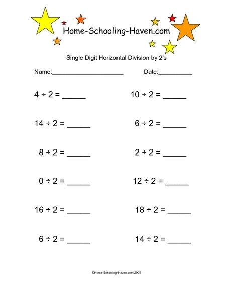 Single Digit Horizontal Division By 2s Worksheet For 4th Grade Lesson