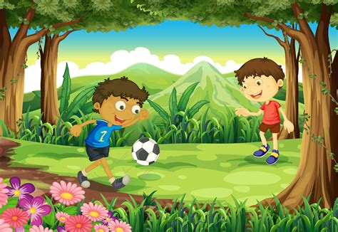 Un Bosque Con Dos Niños Jugando Fútbol 682795 Vector En Vecteezy
