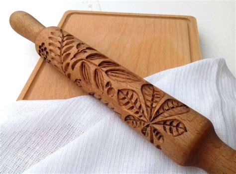 Rolling Pin With Leaves Autumn Printed Cookies Stamp Wood Etsy In