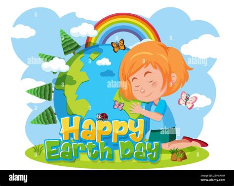 Poster Design For Happy Earth Day With Happy Girl Hugging The Earth