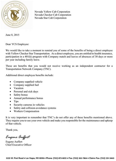 Thank you letters are easy ways to show employees you value them. Letter Re Benefits | Taxi Las Vegas | 702-873-8012 ...
