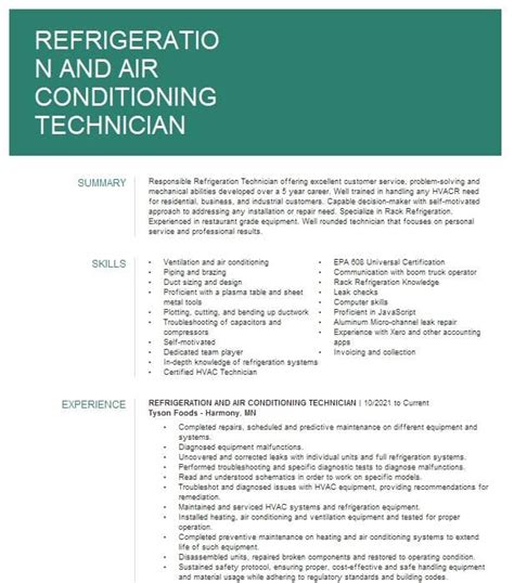 Refrigeration And Air Conditioning Technician Resume Example