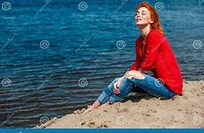 beach redhead beautiful sitting woman young preview