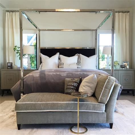 Mirrored Four Post Canopy Mansion Bed With White Upholstered Headboard