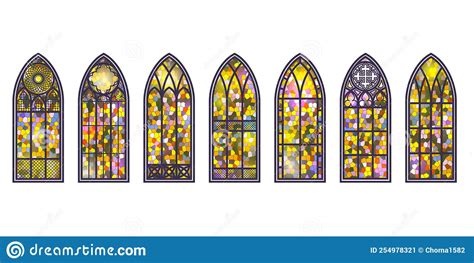 Gothic Windows Set Vintage Stained Glass Church Frames Element Of