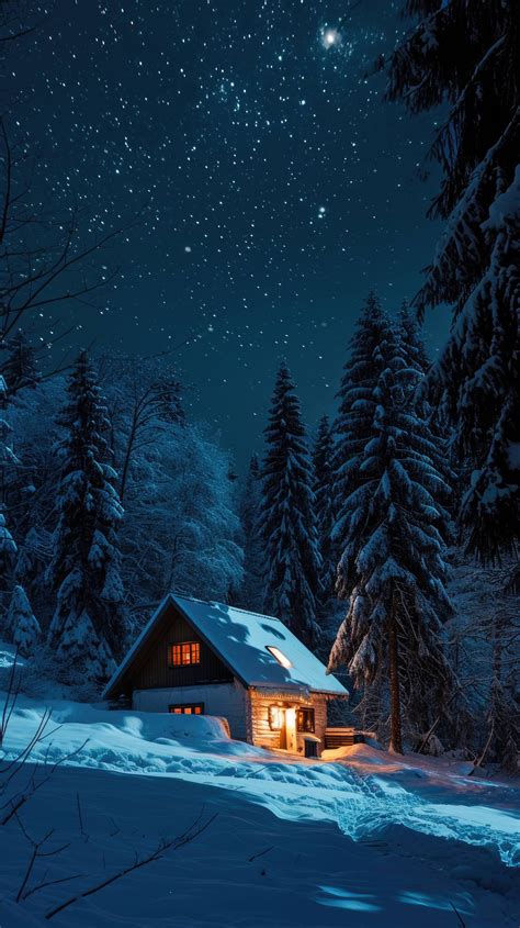 Winter Cabin Night Sky Snowy Cabin Under Stars Peaceful Winter Night