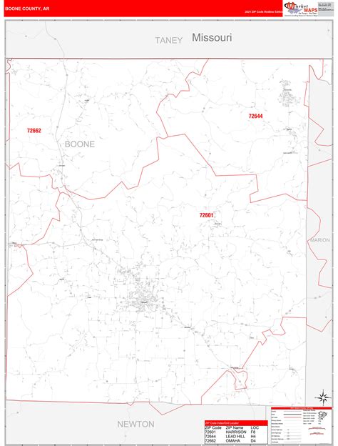 Boone County Ar Zip Code Wall Map Red Line Style By