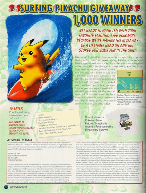 Pokemon Yellow Surfing Pikachu Giveaway Nintendo Power Oct 1999