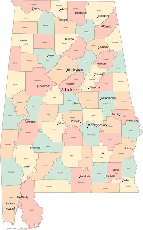 Multi Color Alabama Map With Counties Capitals And Major Cities