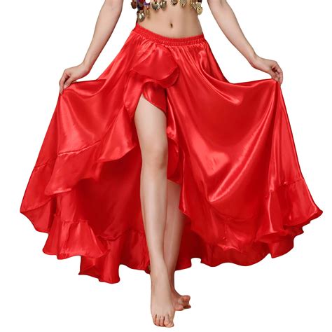 Munafie Belly Dance Skirt Satin Split Side Long Skirts For Women Hot Red One Size