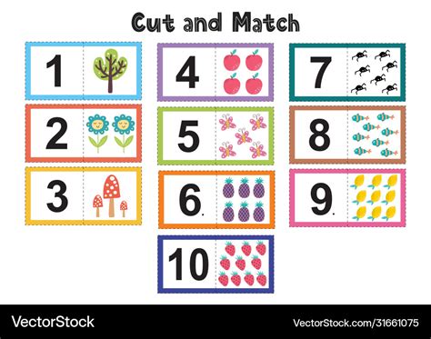 Numbers Flash Cards For Kids Cut And Match Vector Image