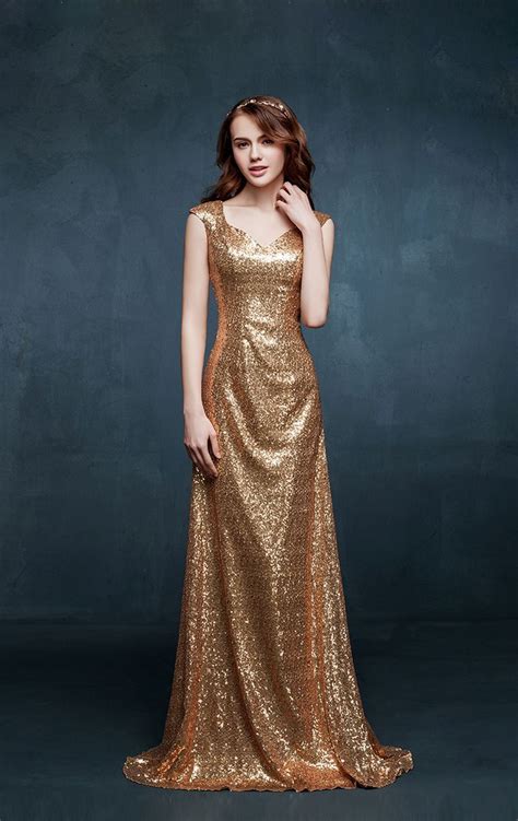 Elegant Gold Sequined Long Prom Dresses Sheer Back Applique Popular