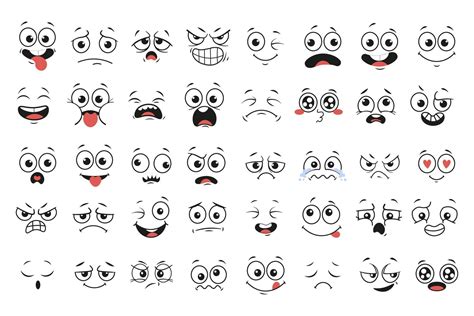 Cartoon Faces Expressive Eyes And Mouth Smiling Crying And Surprised Character Face