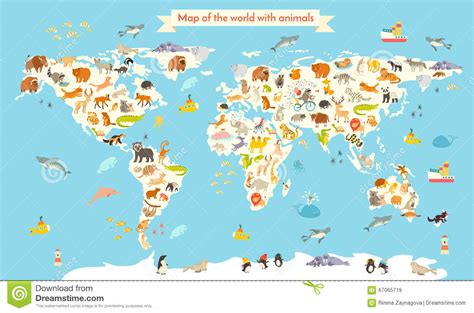 Vector Illustration Of A World Map With Animals Kids World Map Images