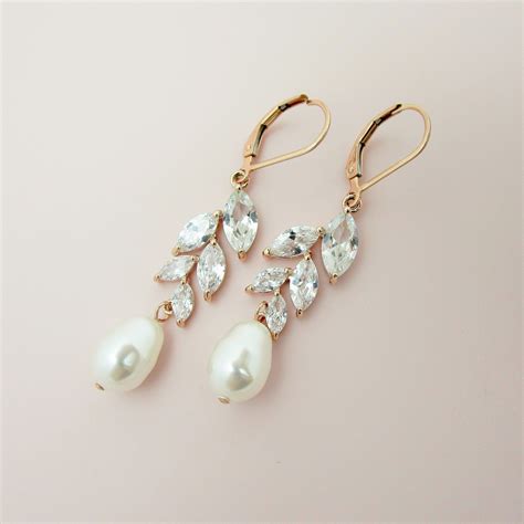 Rose Gold Bridal Earrings Crystal Dangle Pearl Wedding Earrings In