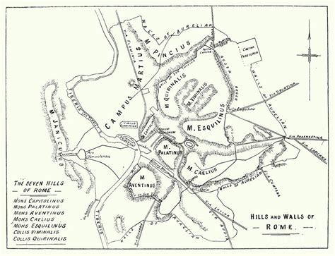 Map Of The Walls And Seven Hills Of Ancient Rome Painting By English