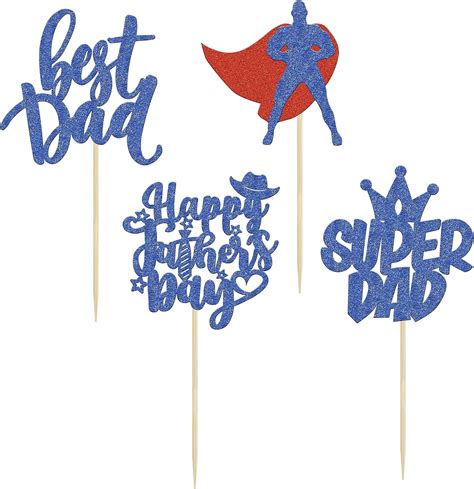 Gyufise 24pcs Happy Fathers Day Cupcake Toppers Blue Glitter Superhero