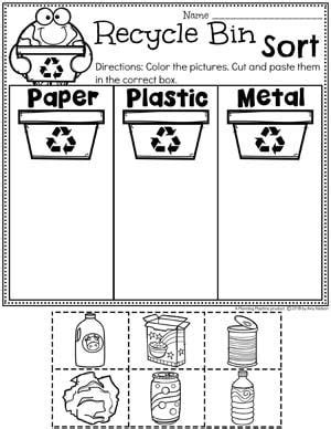 Recycling sorting worksheets for kindergarten