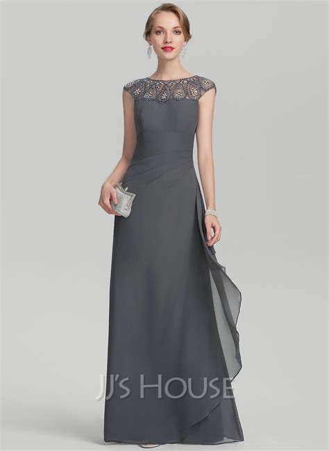 A Line Scoop Neck Floor Length Chiffon Mother Of The Bride Dress With Beading Sequins Cascading