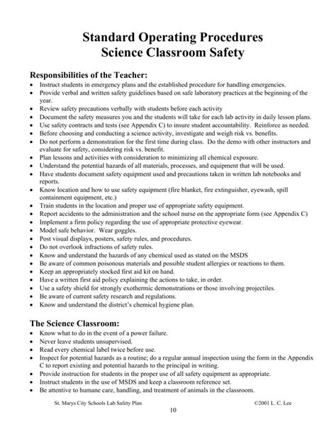 Standard Operating Procedures Science Classroom Safety