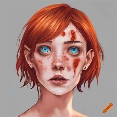 Fantasy Drawing Of A Tanned Woman With Short Red Hair Blue Eyes And