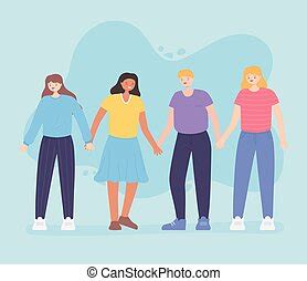 People Together Happy Women And Man Hands Up Unity Male And Female Cartoon Characters Vector