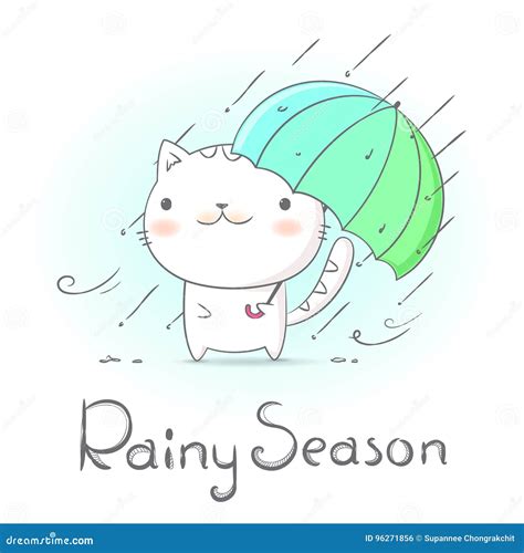 Cat Under Umbrella And Raining In Rainy Season Hand Draw Doodle Style