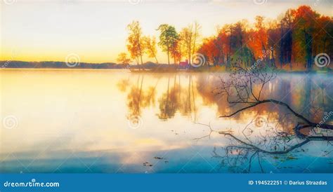 Scenic Beautiful Fall Autumn Lake Landscape Scenery At Sundown Stock