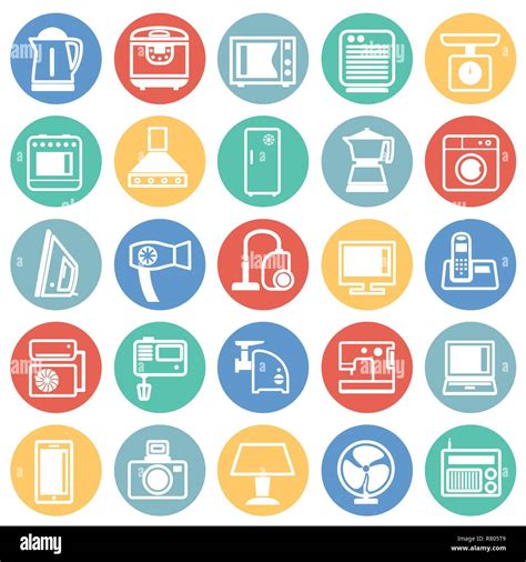Home Appliance Icons Set On Color Circles Background For Graphic And
