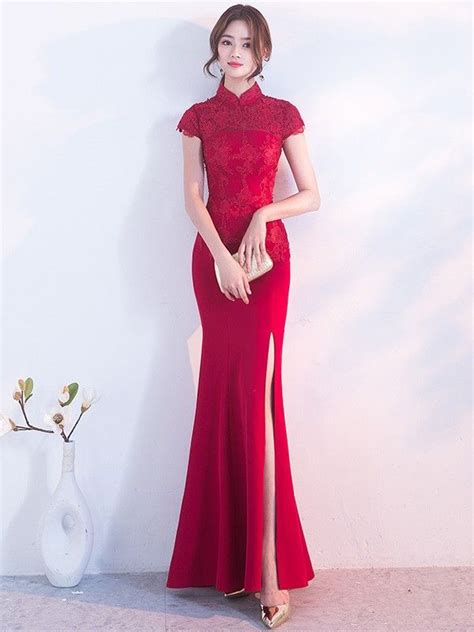 long split front qipao cheongsam gown with lace top chinese style dress ceremony dresses