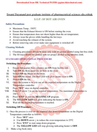 Sop Standard Operating Procedure Of Hot Air Oven B Pharmacy Th