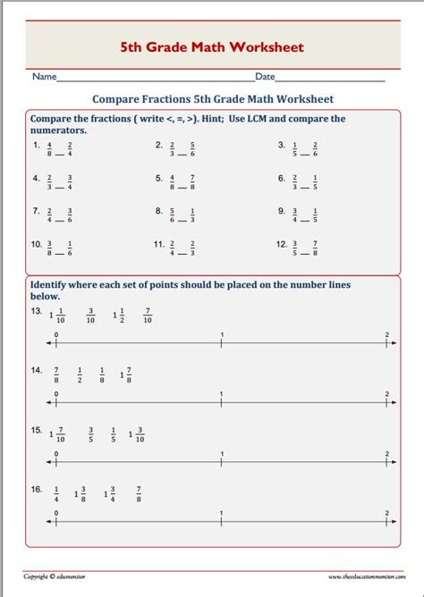 Compare Fractions 5th Grade Math Worksheet Edumonitor