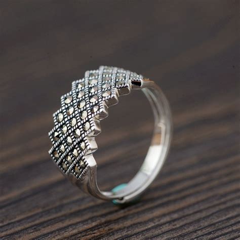 Fnj 925 Silver Marcasite Ring Original S925 Sterling Thai Silver Rings For Women Jewelry