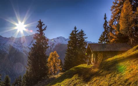 Nature Landscape Cabin Mountains Sunlight Forest Grass Snowy Peak Fall Switzerland