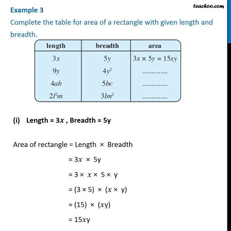 Example 3 Complete The Table For Area Of A Rectangle With Given