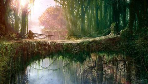 A Painting Of A Bridge In The Middle Of A Forest With Water And Moss