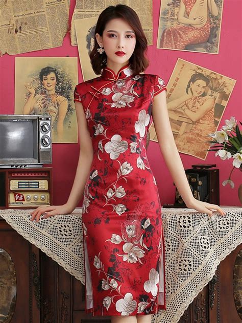 Red Floral Mid Qipao Cheongsam Party Dress Cozyladywear