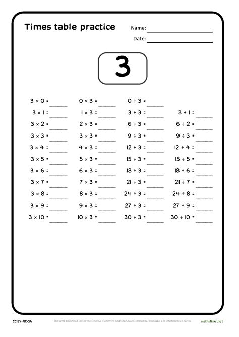 Times Tables Test Printable