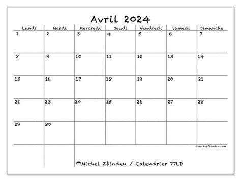Calendrier Avril 2024 77ld Michel Zbinden Fr