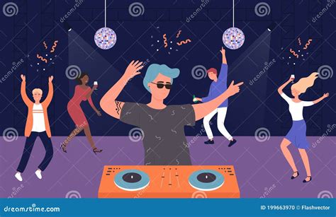 Night Club Musical Party Cartoon Friends People Listen To Dj Music And