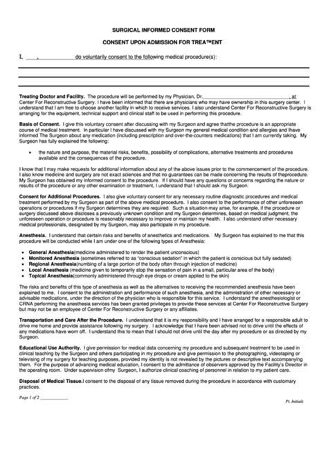 Surgical Consent Form Template Free Sample Example And Format Template