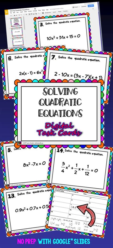 Quadratic Equations Digital Task Cards And Matching Quadratics Task